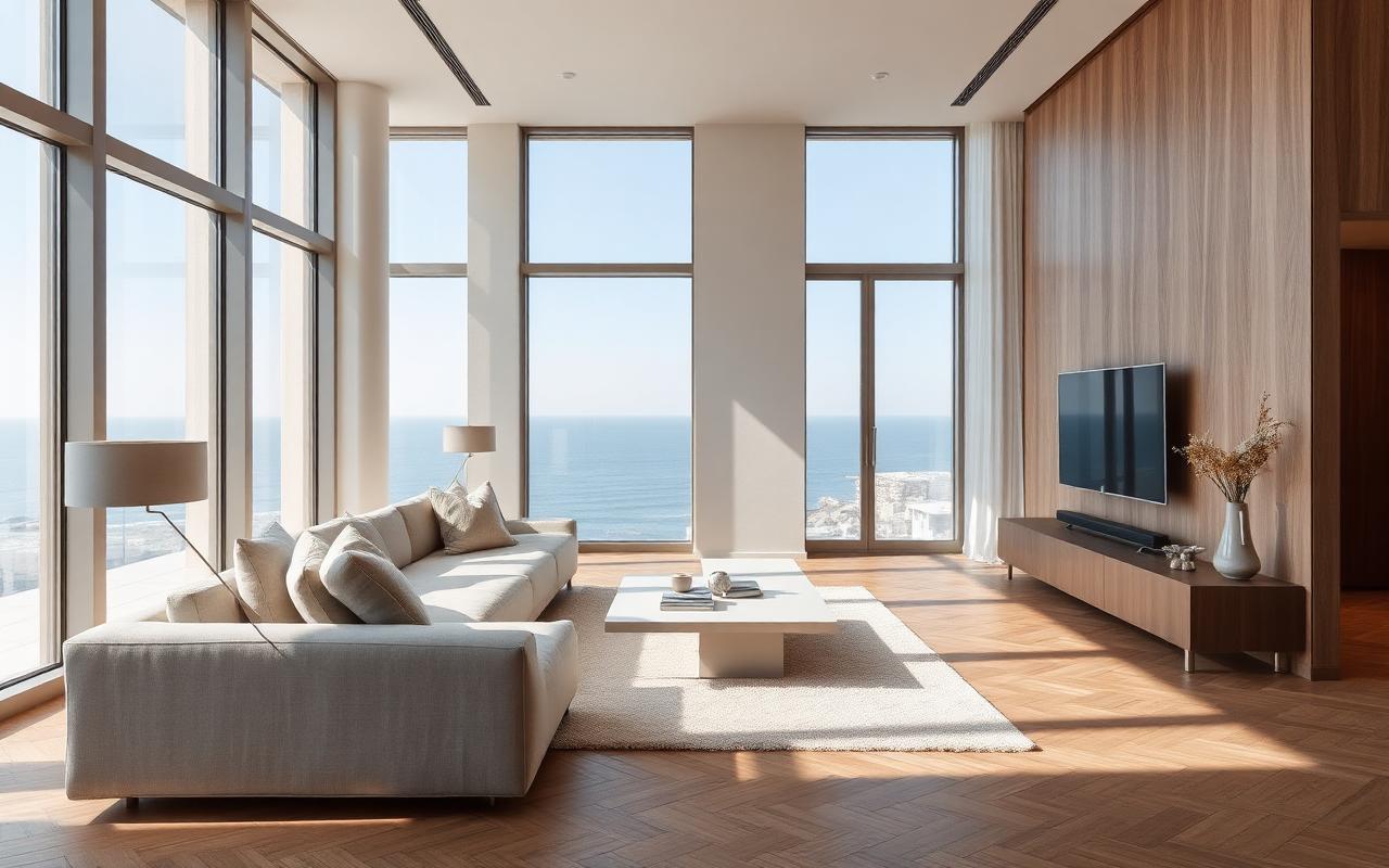 Calm, light-filled apartment interior with sea views