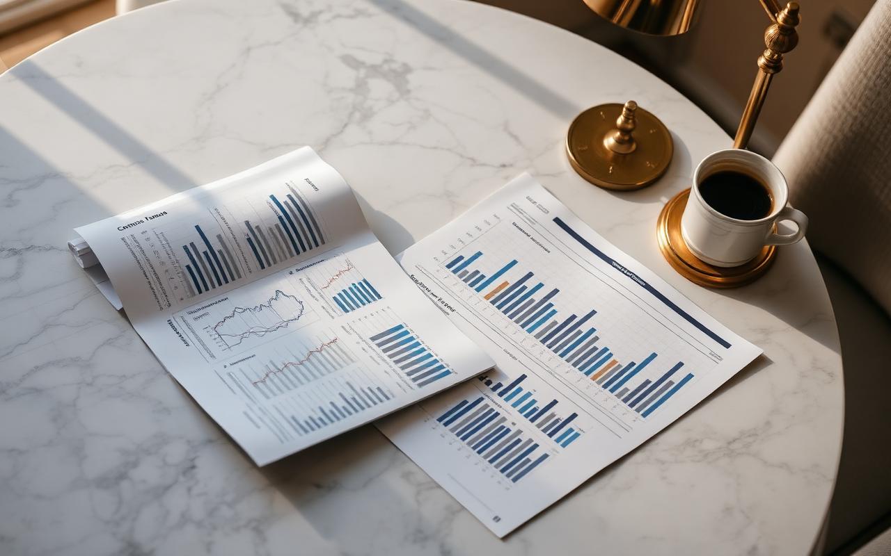 Printed investment reports and charts on a marble table