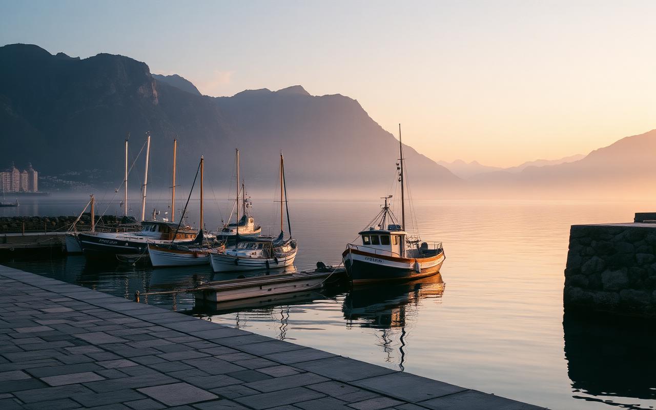 Albanian harbour at dawn with fishing boats and mountains